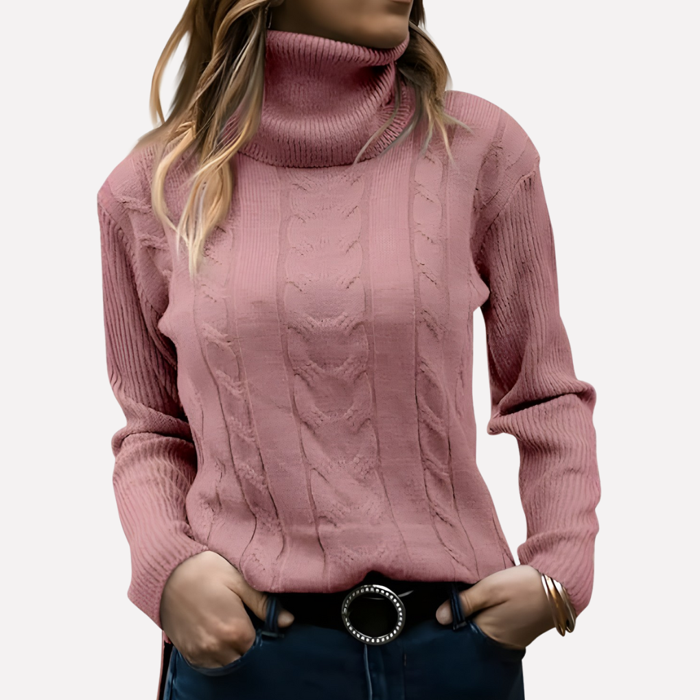 Women's slim fit cable knit turtleneck jumper with long sleeves