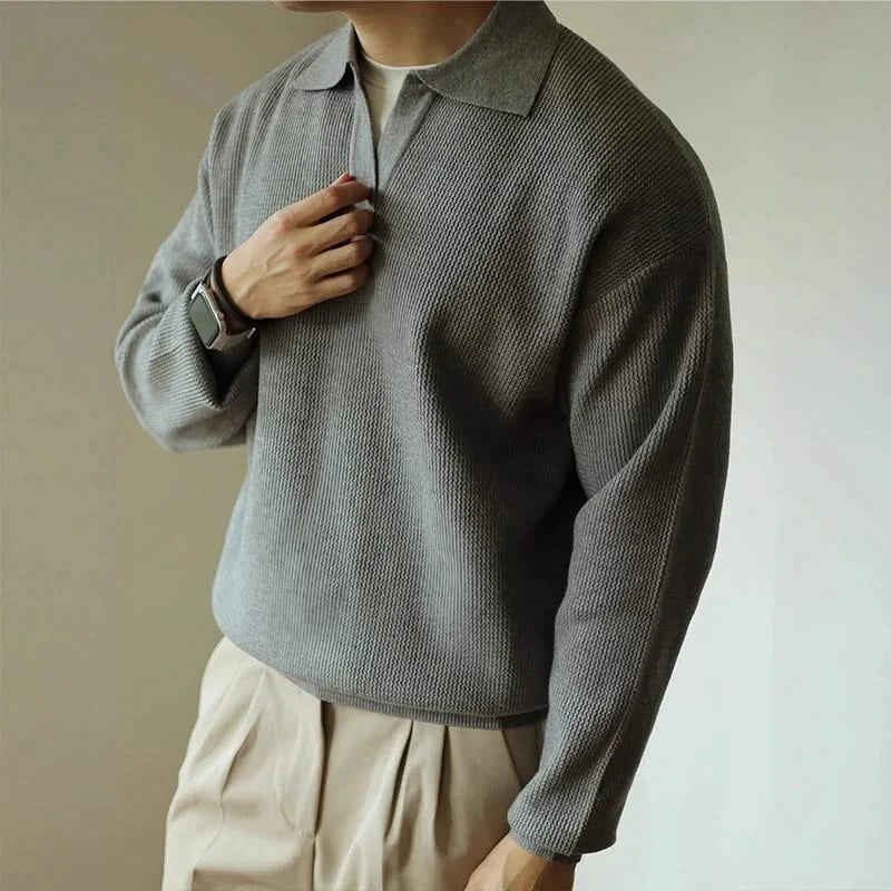 Men's Waffle Knit Open Collar Long Sleeve Polo