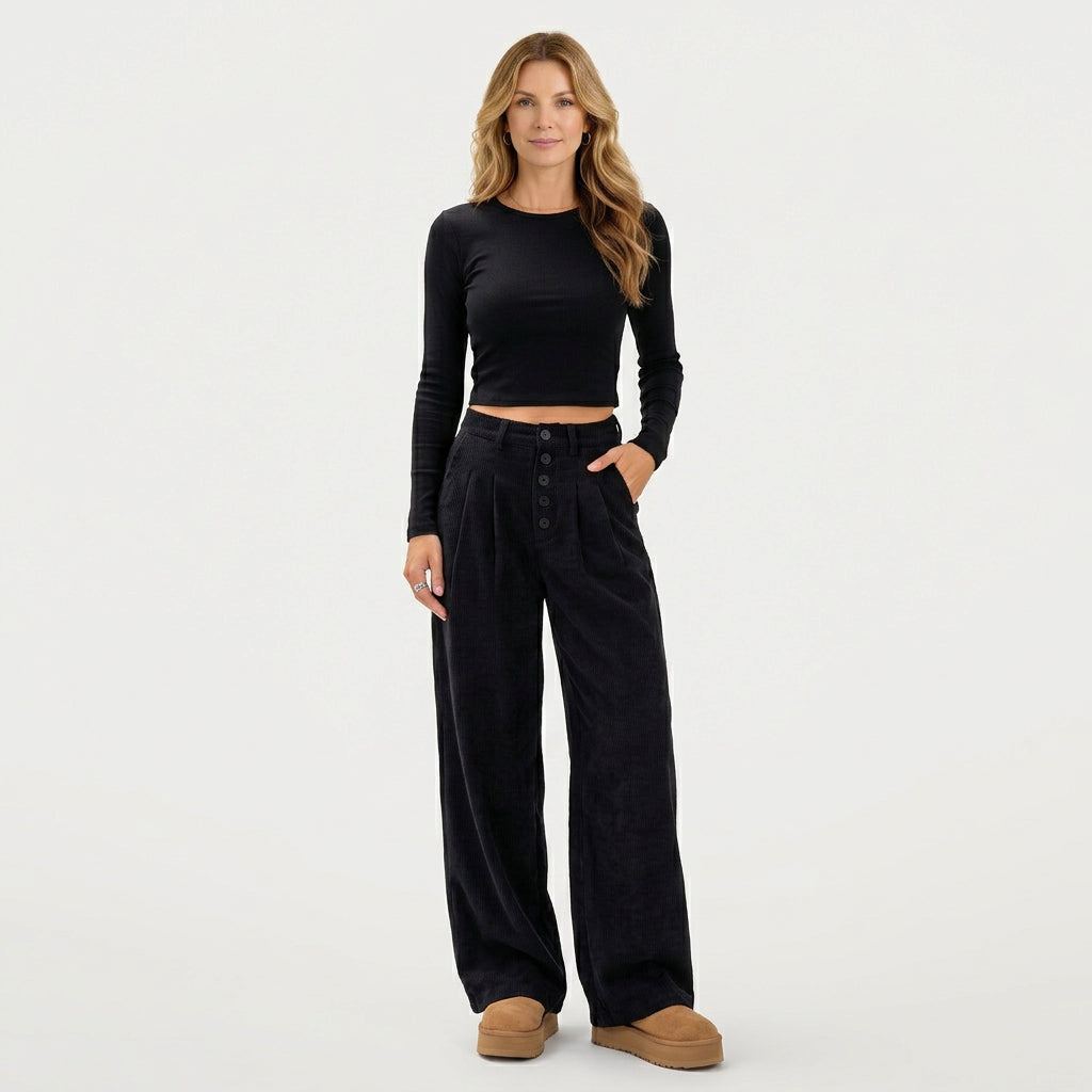 Women’s High Waisted Wide Leg Pants – Button Front Pocket Style