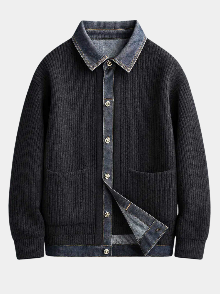 Men's Ribbed Knit Denim Contrast Collar Cardigan