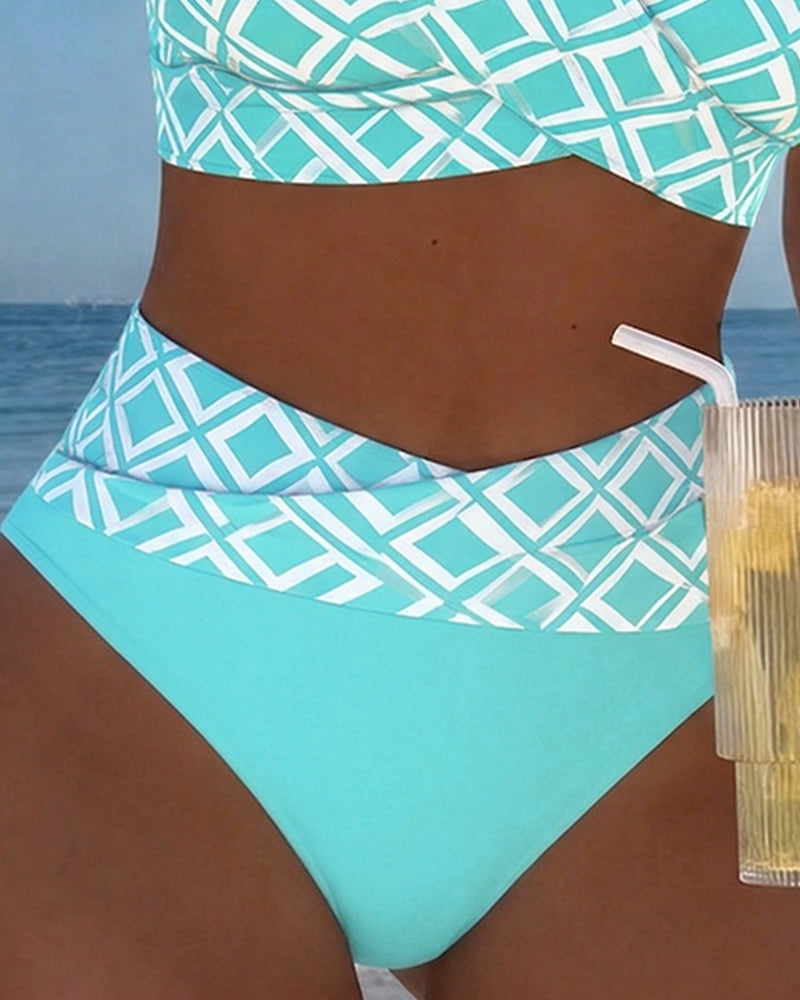Ensemble bikini pour femme à imprimé géométrique, col en V et taille haute