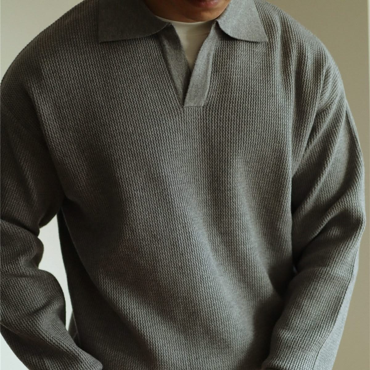Men's Waffle Knit Open Collar Long Sleeve Polo