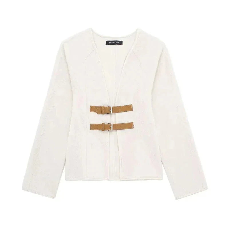 Women's Textured Knit Cardigan with Buckle Strap Detail