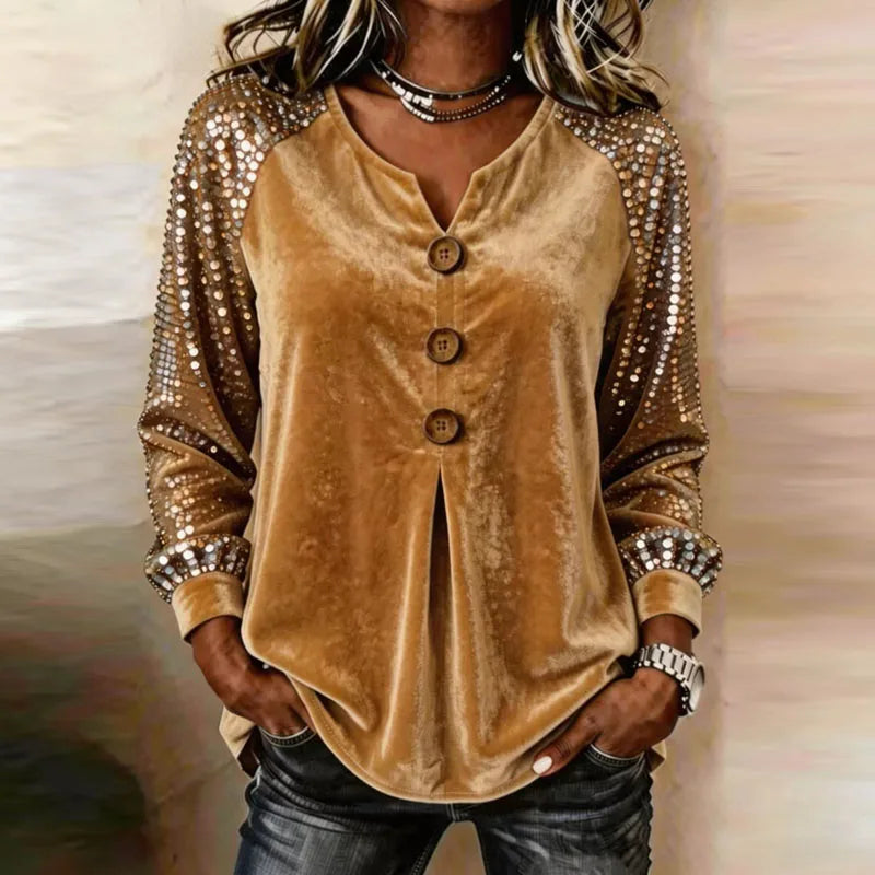 Women's Sequin Sleeve Velvet Button-Up Top