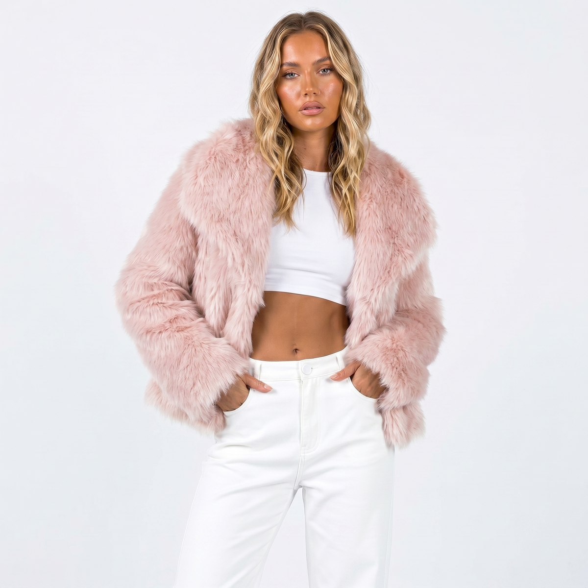 Women's Cropped Faux Fur Open Front Jacket
