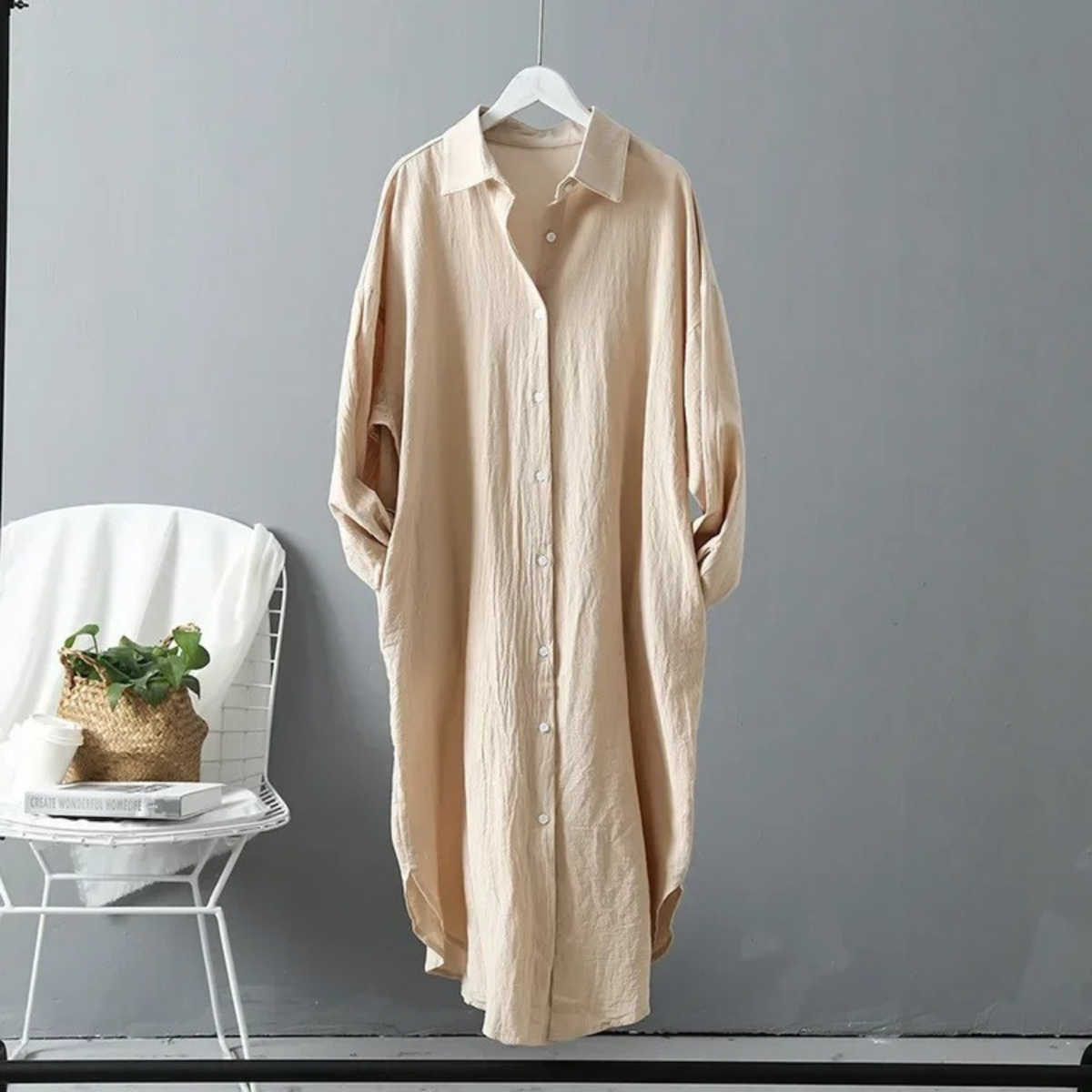 Women's Oversized Linen Button-Up Long Sleeve Shirt Dress