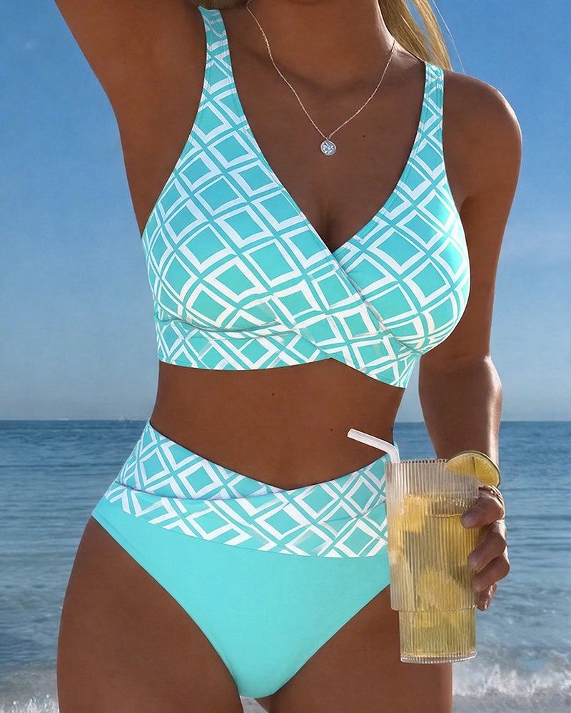 Women's Geometric Print V-Neck High Waisted Bikini Set