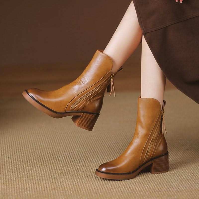 Women's Zip-Up Block Heel Ankle Boots with Tassel