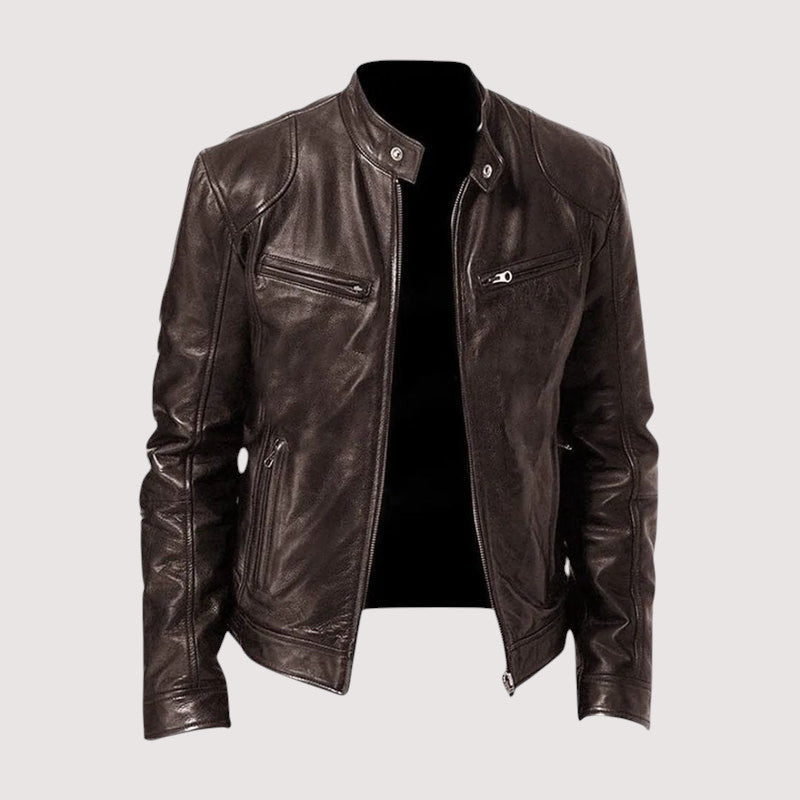 Men's Faux Leather Snap-Collar Racer Jacket