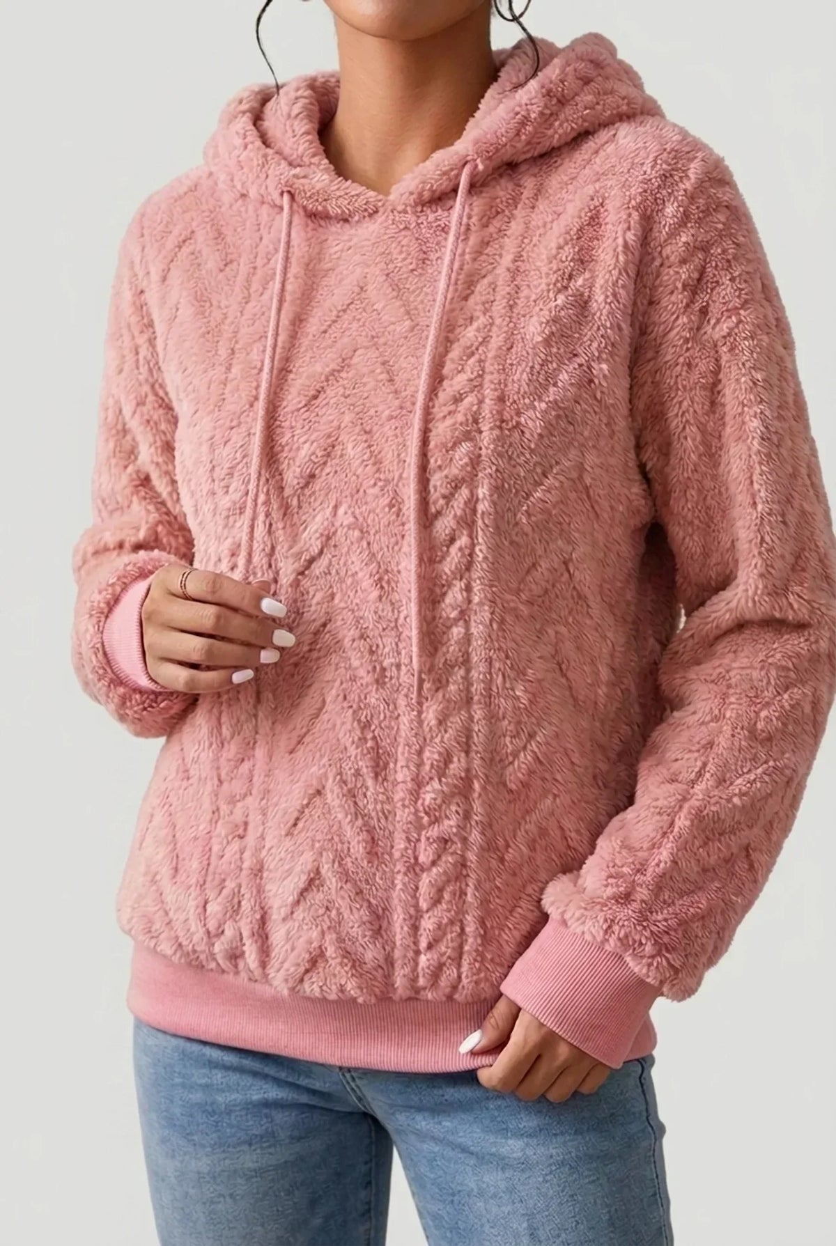 Women's textured hooded hoodie with drawstrings and ribbed cuffs