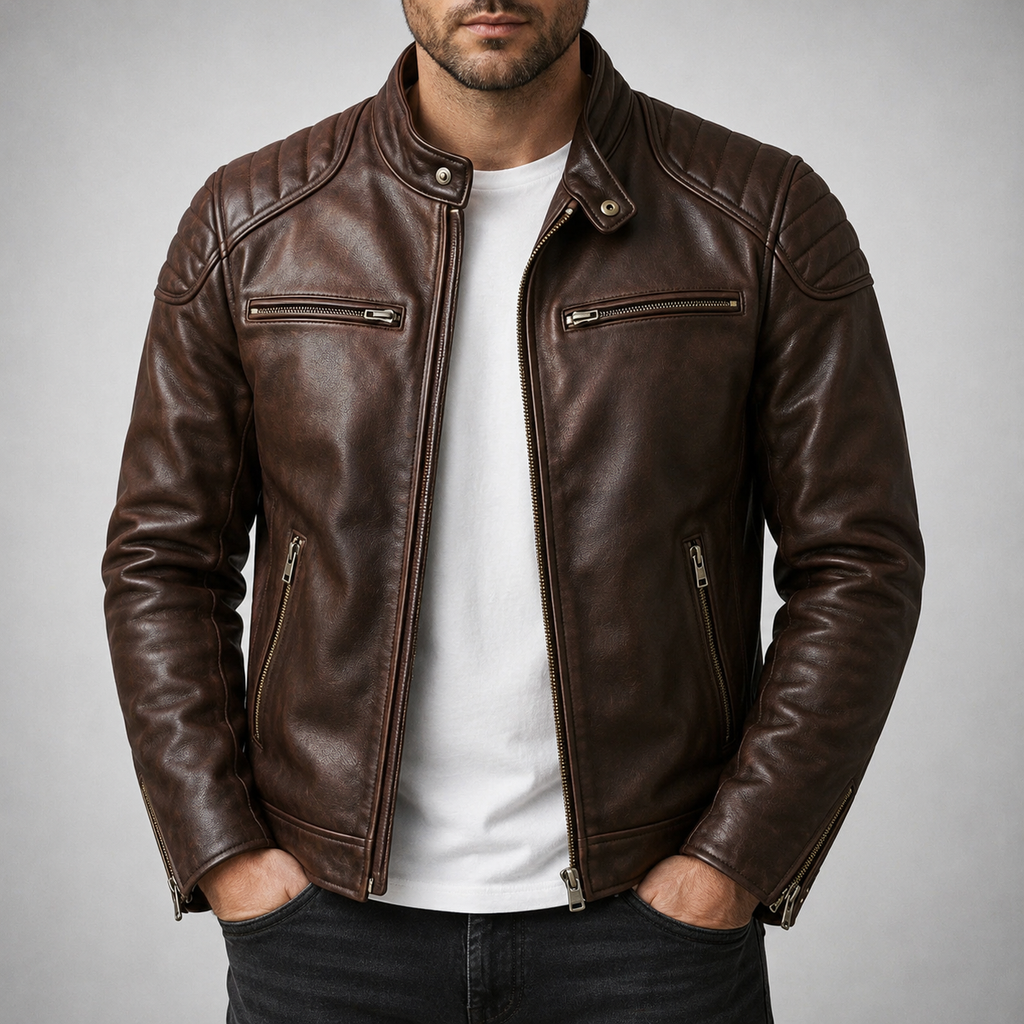 Men's Quilted Shoulder Faux Leather Racer Jacket