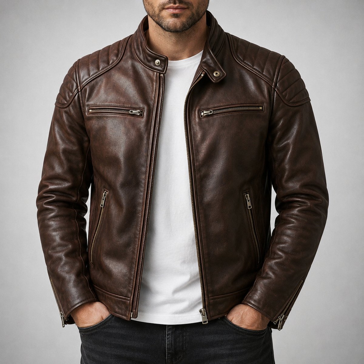 Men's Quilted Shoulder Faux Leather Racer Jacket