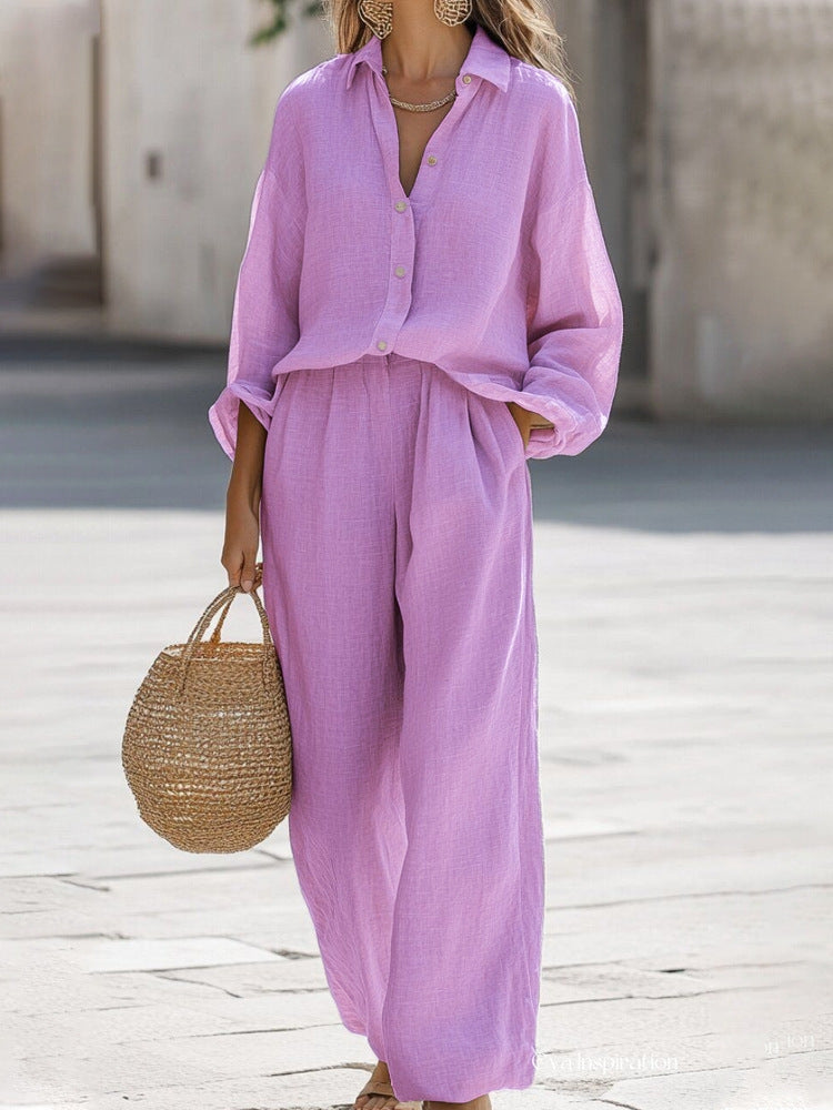 Ensemble chemise à manches longues boutonnée sur le devant et pantalon à jambes larges