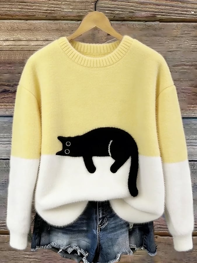 Women's Fluffy Cat Motif Colour Block Jumper