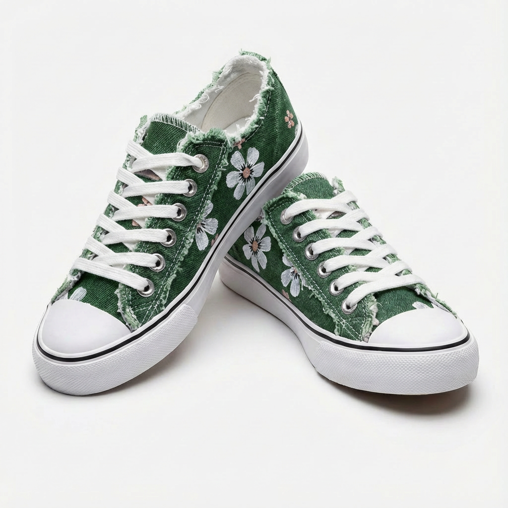 Women's Floral Print Distressed Denim Lace-Up Sneakers