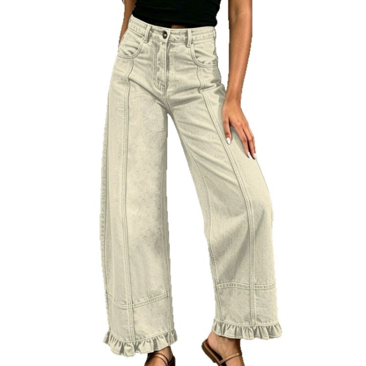 Women's Wide Leg Jeans with Ruffle Hem Detail