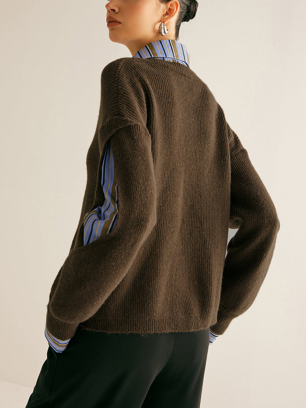 Women's brown oversized jumper with striped shirt collar and sleeve panels