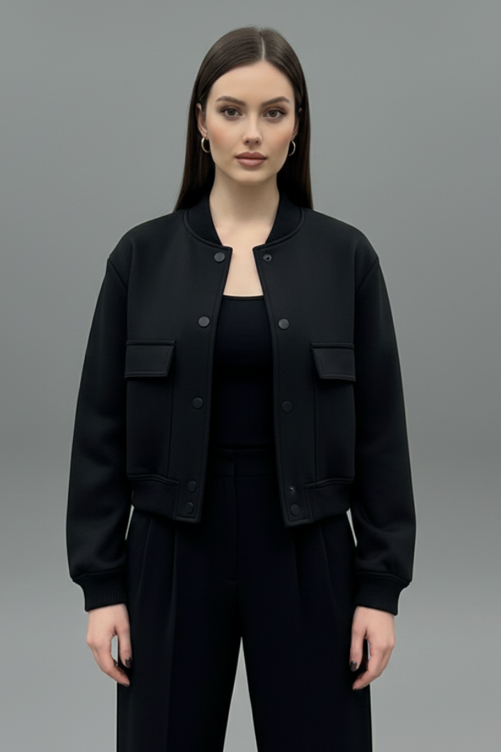 Women's Cropped Varsity Bomber Jacket with Flap Pockets