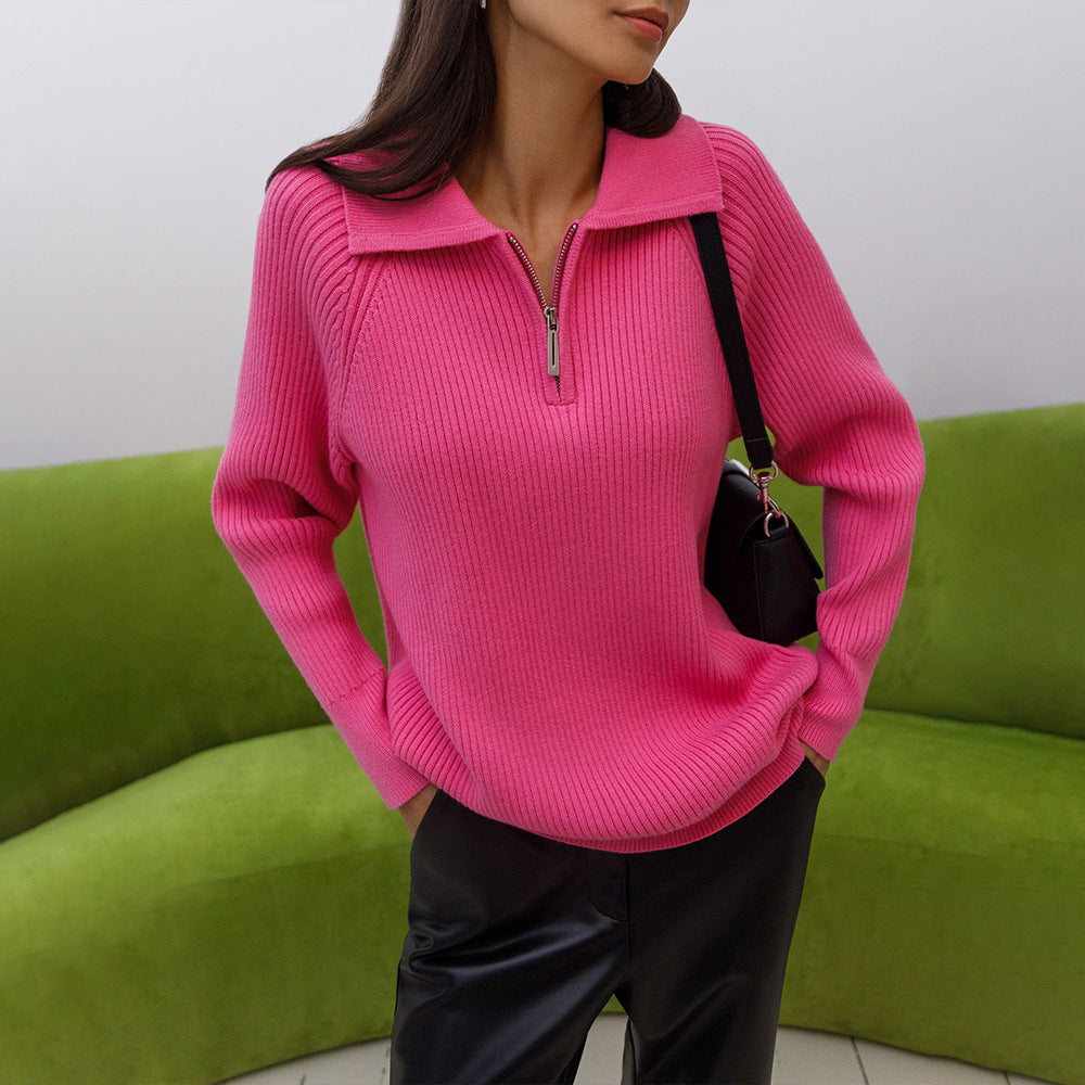 Pull en maille côtelée pour femme à col zippé mi-hauteur