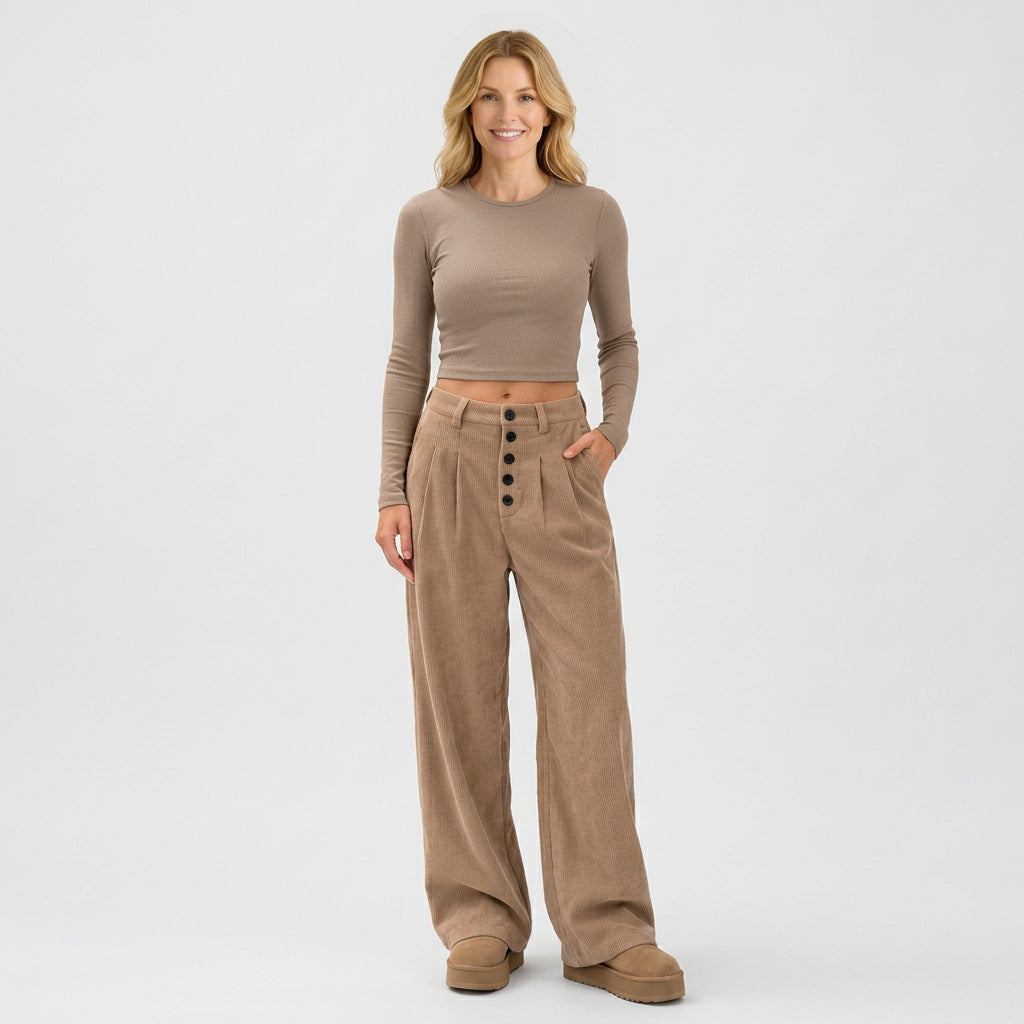 Women’s High Waisted Wide Leg Pants – Button Front Pocket Style