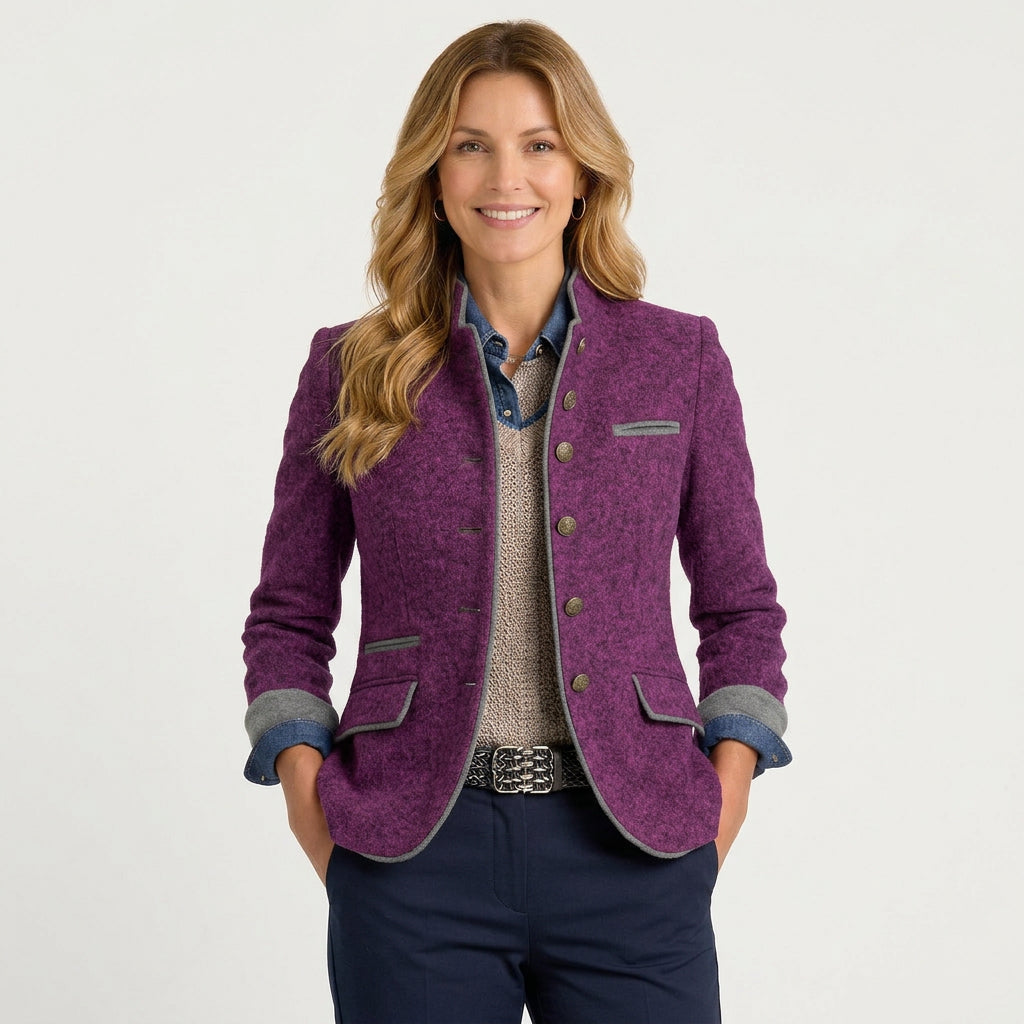 Women’s Stand Collar Tailored Jacket – Button Front Piped Trim