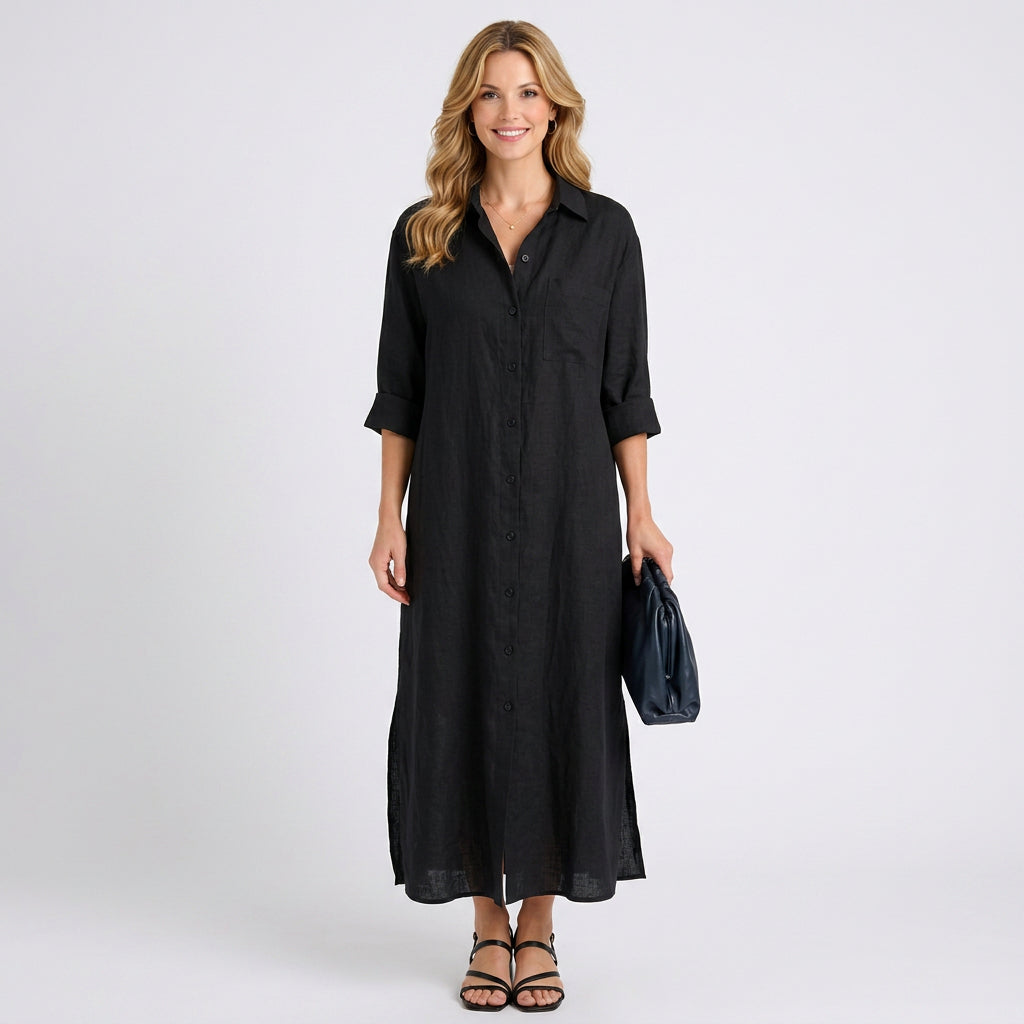 Button Front Midi Shirt Dress – Collared Roll Sleeve Style