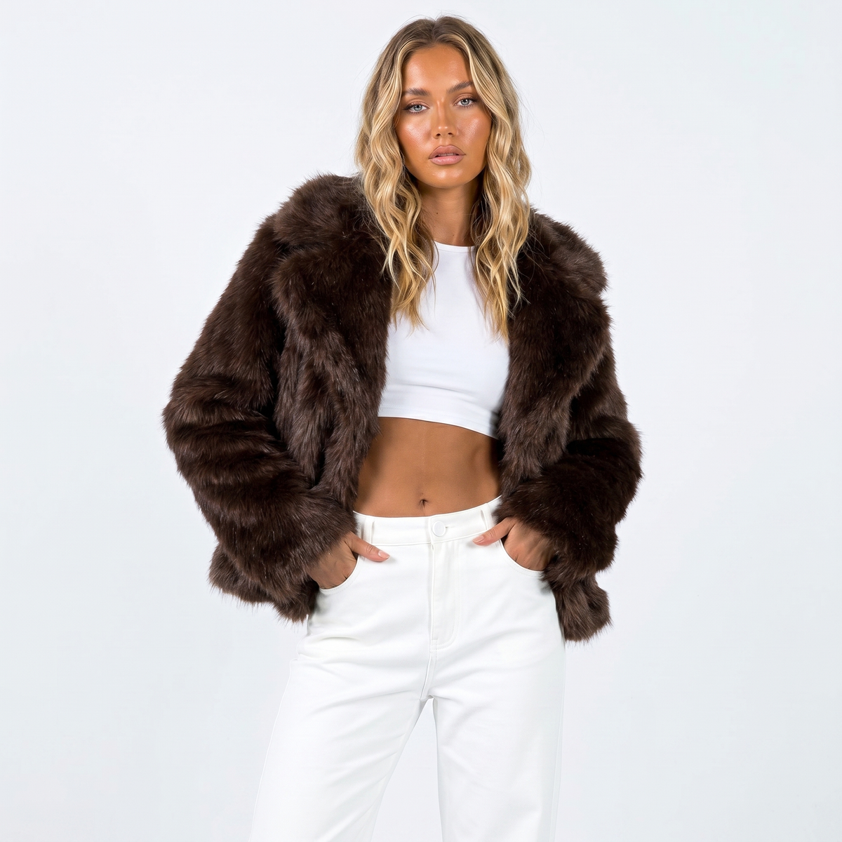 Women's Cropped Faux Fur Open Front Jacket