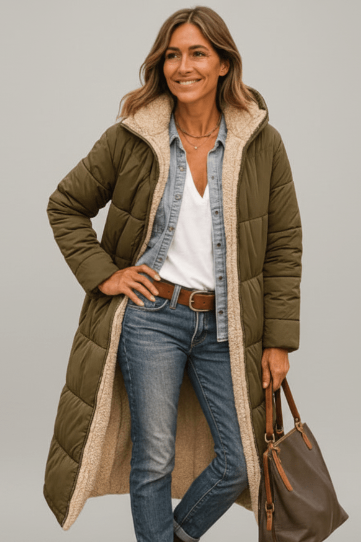 Women's Long Puffer Coat with Faux Shearling Trim