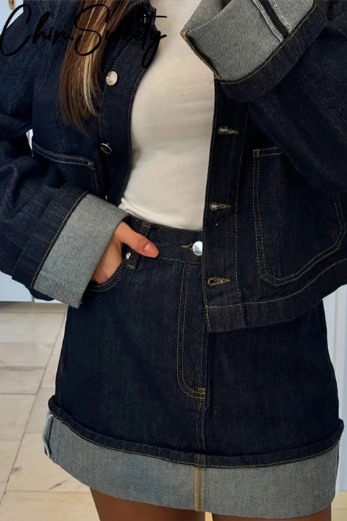 Women's Cropped Snap Button Denim Jacket