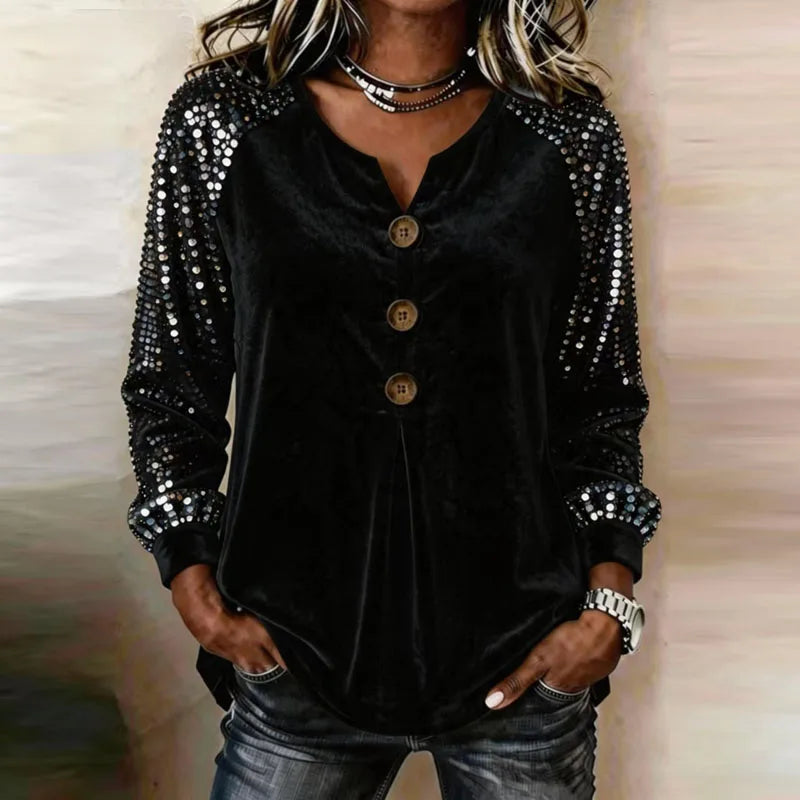 Women's Sequin Sleeve Velvet Button-Up Top