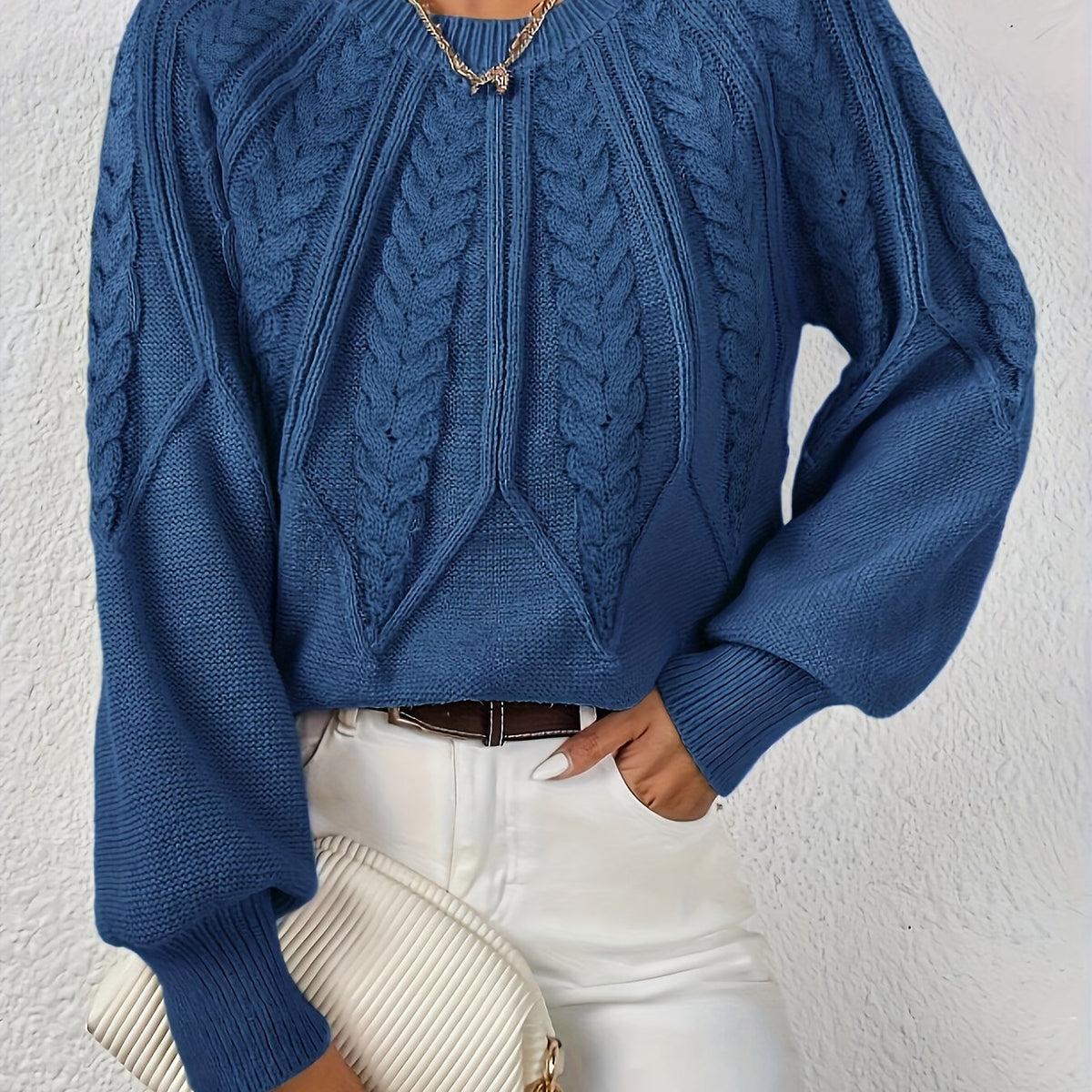 Women's Cable Knit Balloon Sleeve Cropped Jumper