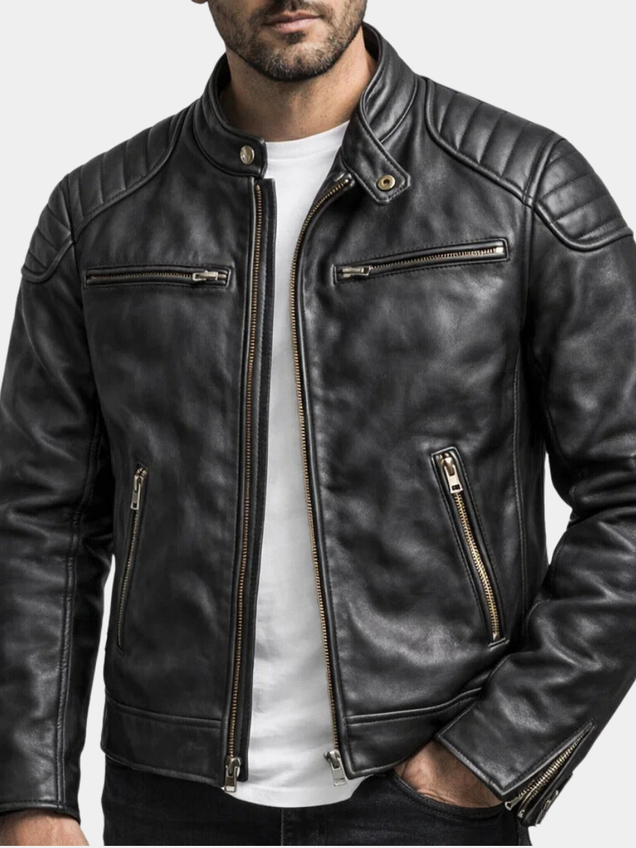 Men's Quilted Shoulder Faux Leather Racer Jacket