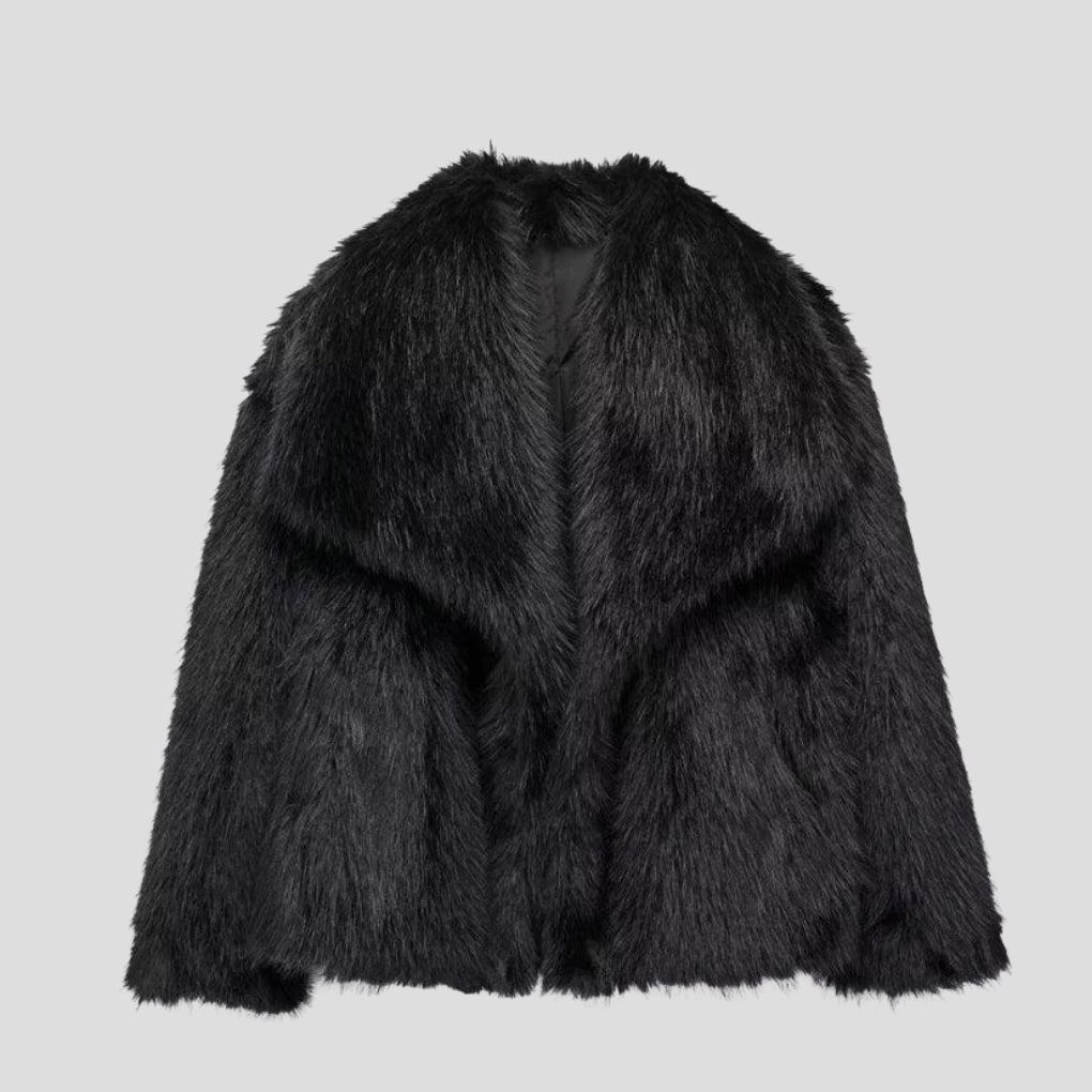 Women's fur-effect short jacket with oversized collar and long sleeves