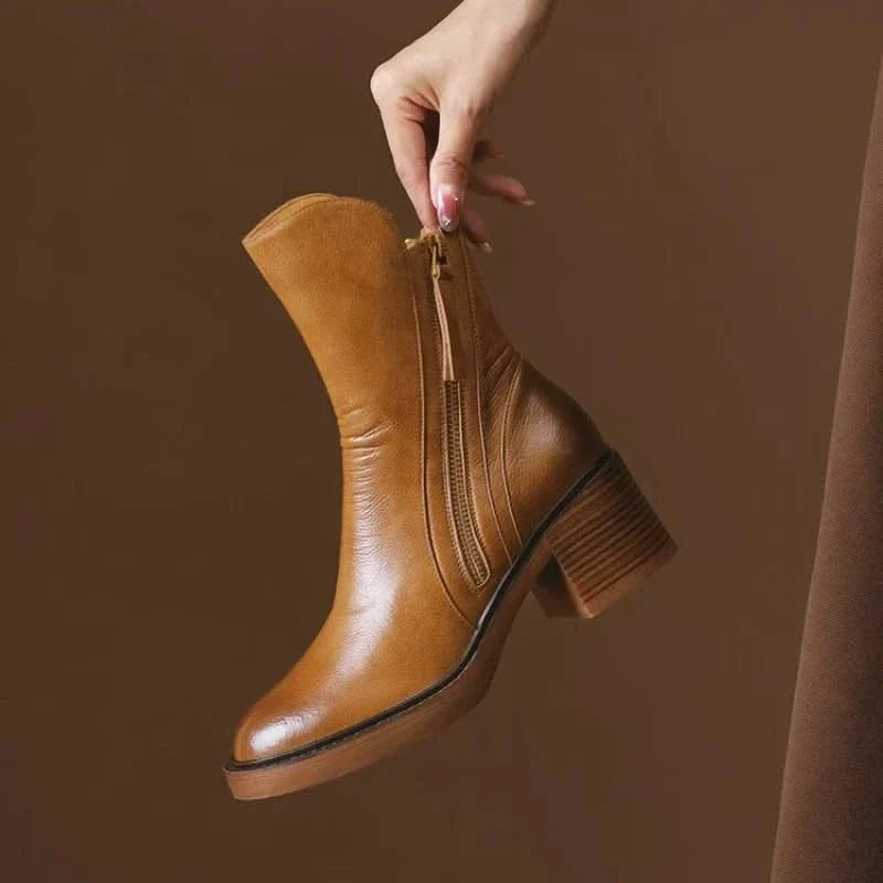 Women's Zip-Up Block Heel Ankle Boots with Tassel