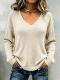 Women's Oversized V-Neck Knit Sweater with Ribbed Trim