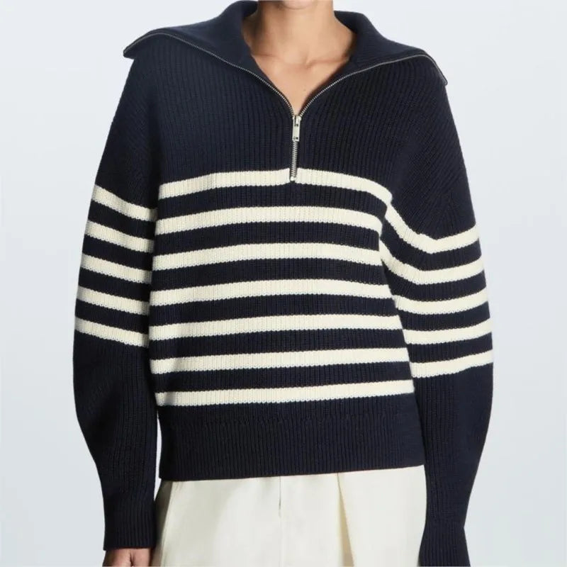 Women's Striped Half-Zip Collared Knit Sweater