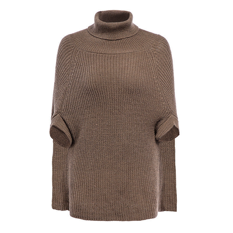 Women's ribbed knit turtleneck poncho sweater with cape sleeves