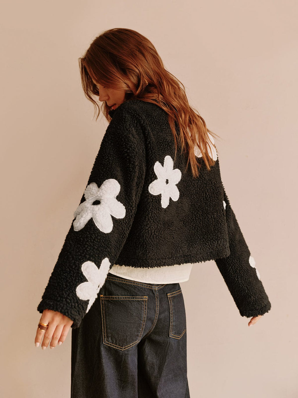 Women's Cropped Teddy Jacket with Flower Appliqué