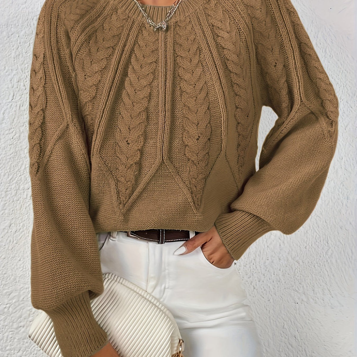 Women's Cable Knit Balloon Sleeve Cropped Jumper