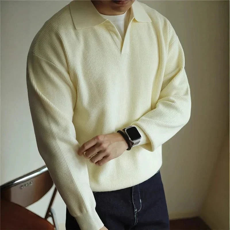 Men's Waffle Knit Open Collar Long Sleeve Polo