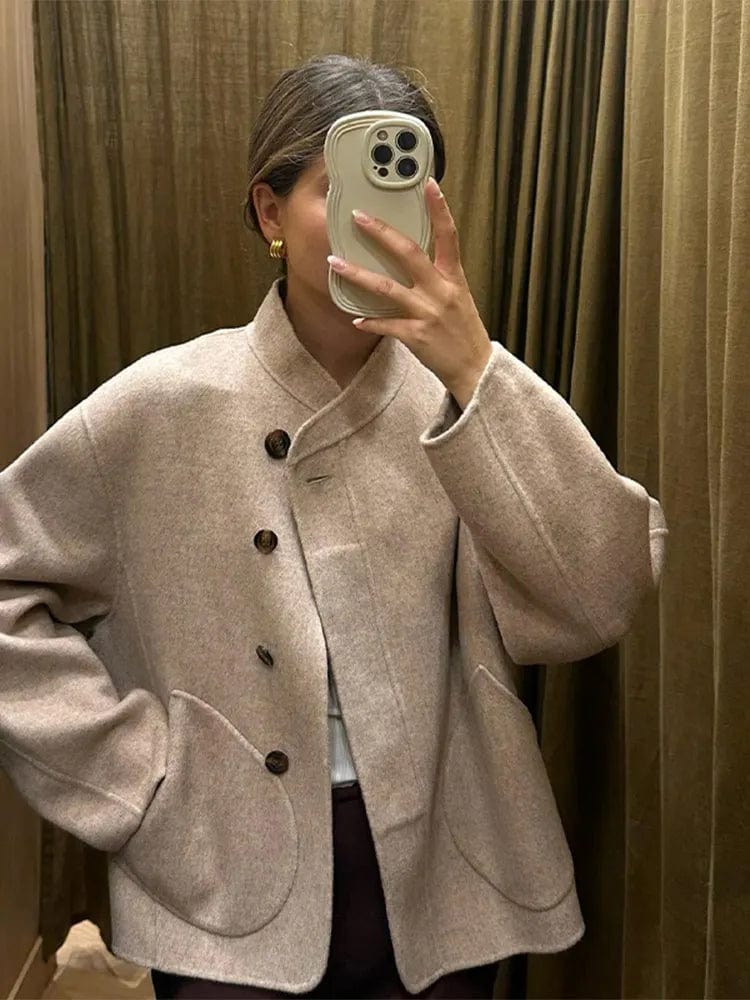 Women's Boxy Wool-Look Jacket with Round Pockets