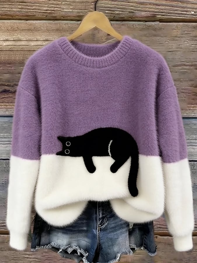 Women's Fluffy Cat Motif Colour Block Jumper