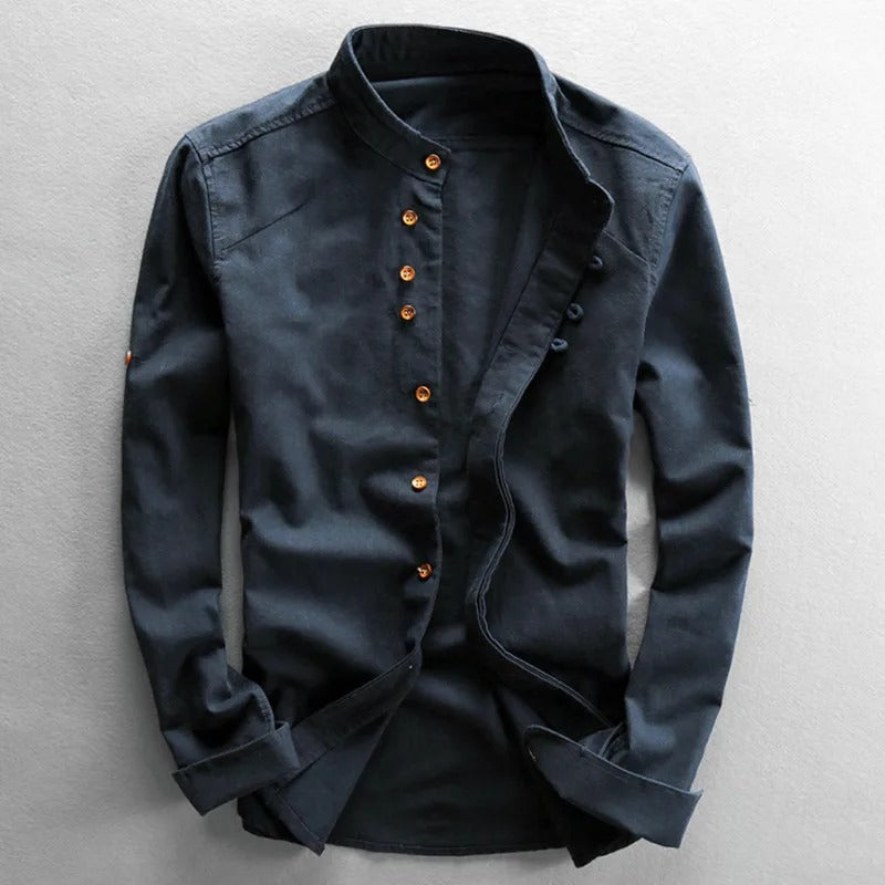 Men's Cotton Band Collar Button-Up Shirt