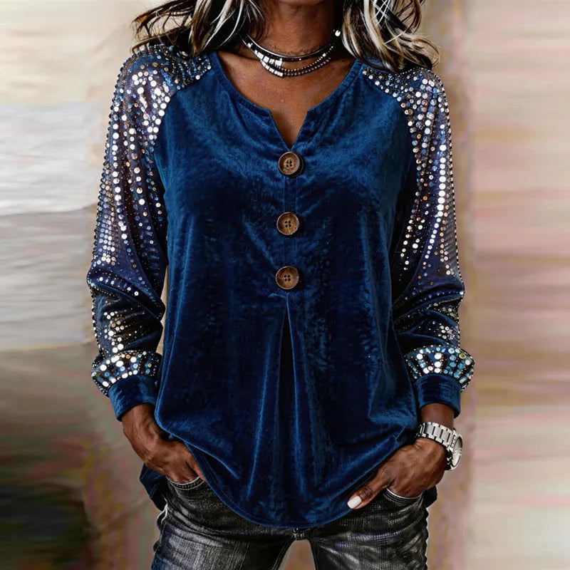 Women's Sequin Sleeve Velvet Button-Up Top