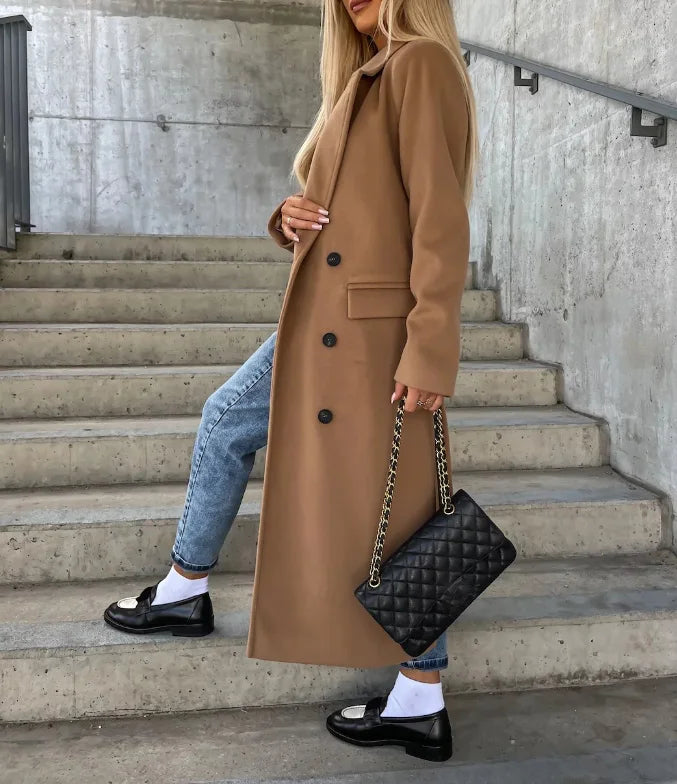 Women's Long Belted Coat with Notched Lapel
