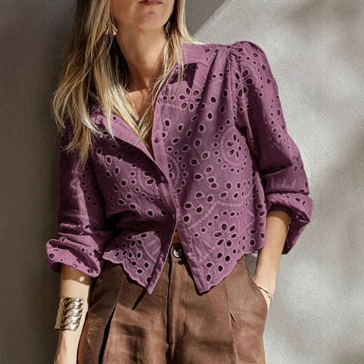 Women's Cropped Eyelet Embroidered Blouse