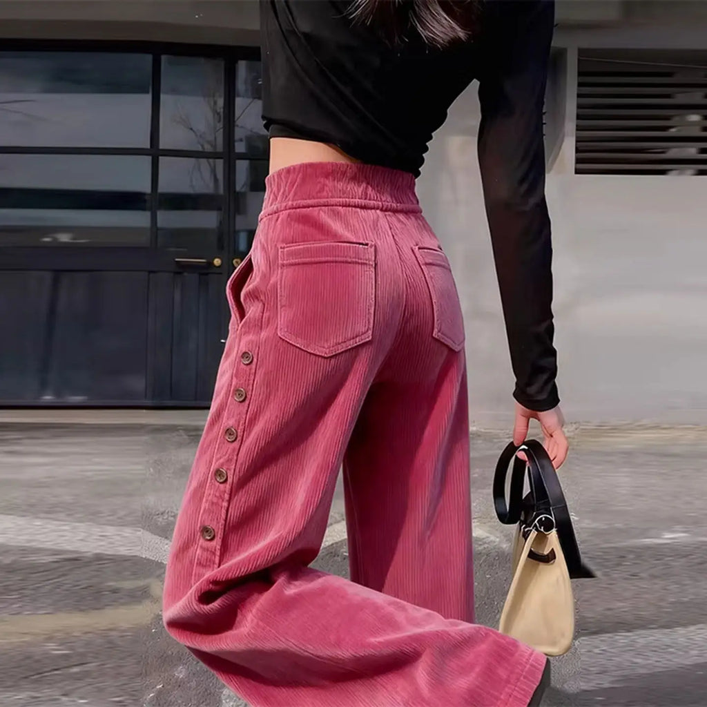 Women's Corduroy Side Button High Waisted Wide Leg Trousers