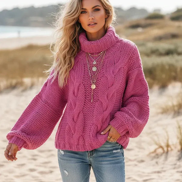 Women's Chunky Cable Knit Oversized Turtleneck Jumper