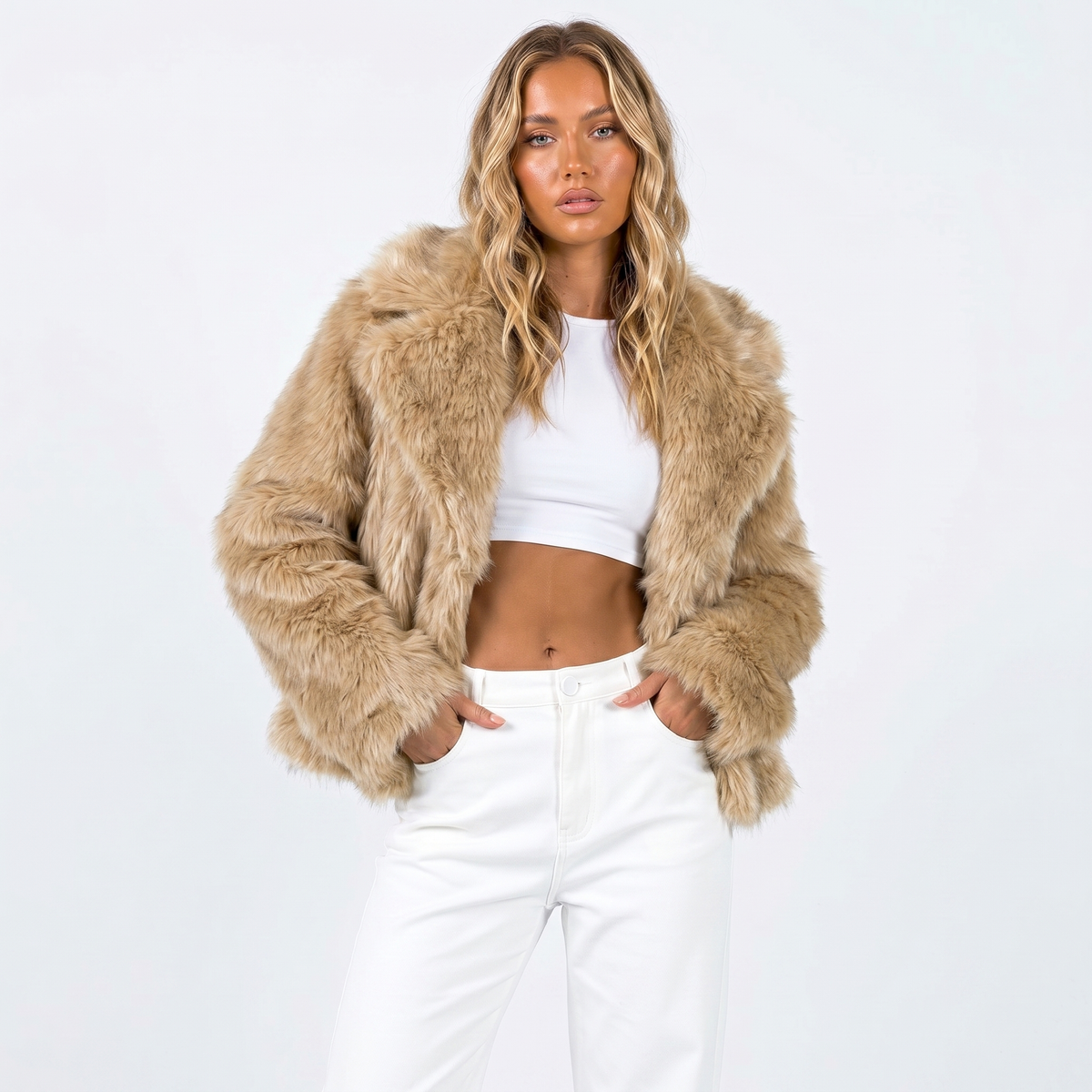 Women's Cropped Faux Fur Open Front Jacket