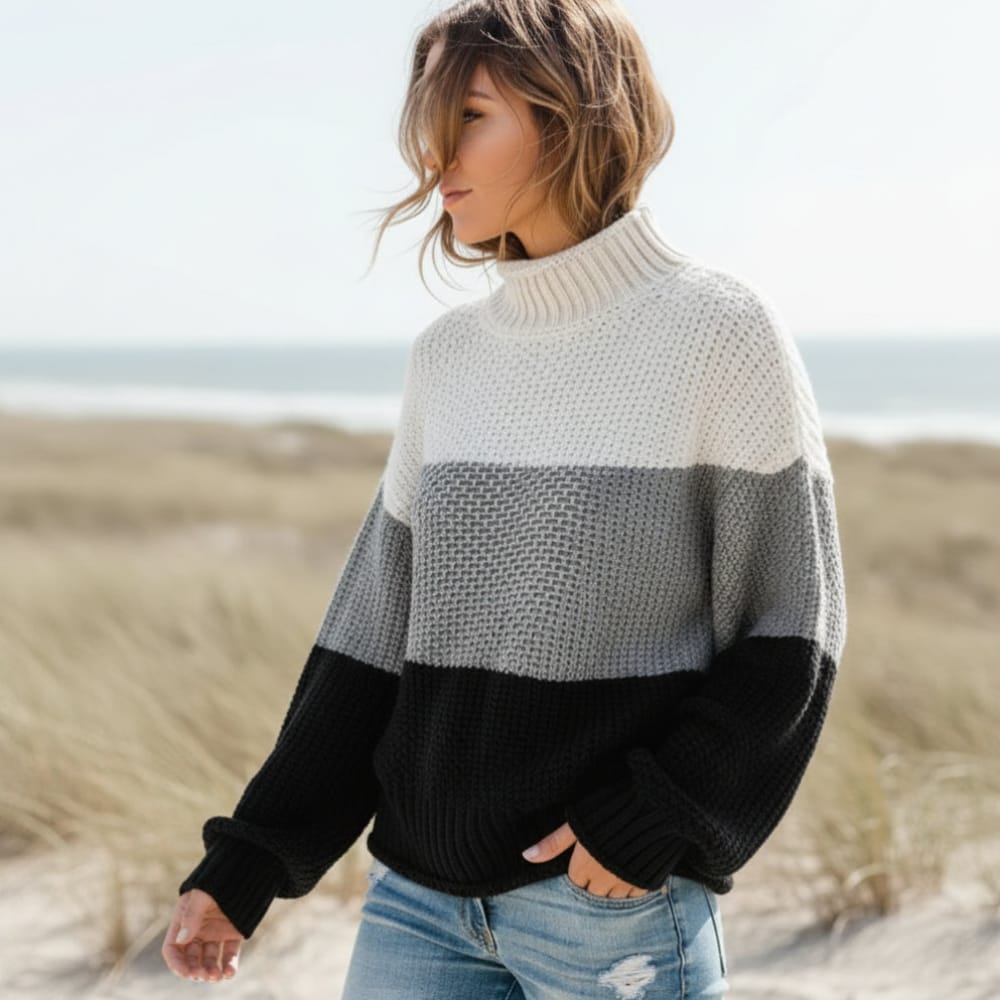 Women's Colour Block Textured Knit Mock Neck Jumper
